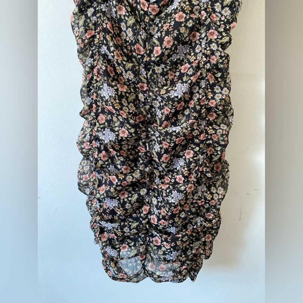 Black Floral Ruffled Midi Dress - Pink & White Bouquet Print - Picture 2 of 6